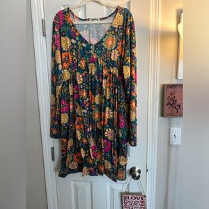 NWOT Haptics Boho Sunflower Floral Butter Soft Long Sleeved Blue Pink Dress 3X
